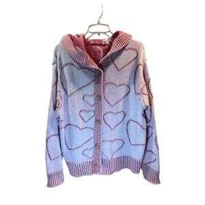 Vintage Heart Print Cardigan Sweater Women's M Multicolor Button-Up Hooded